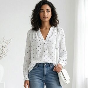 GAP Blouse Womens XL White Geometric Print V-Neck Long Sleeve High Low Top